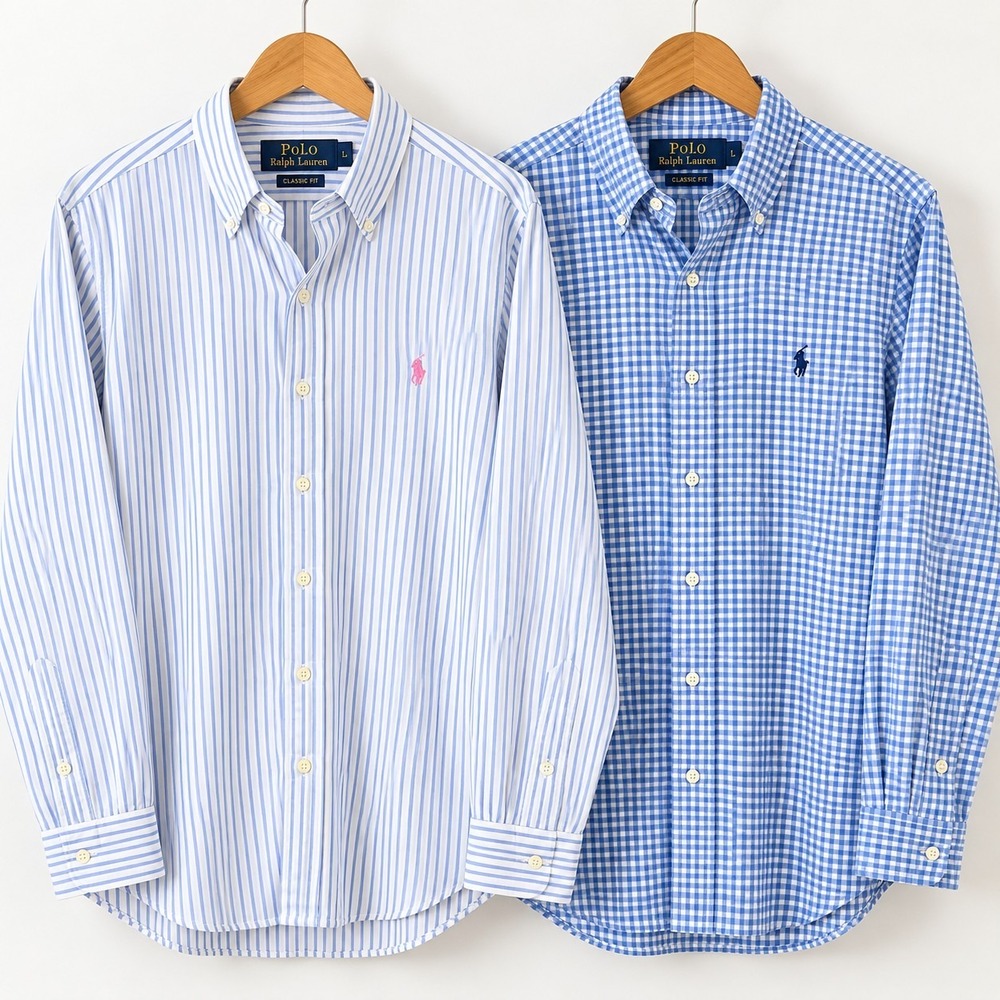 Polo Ralph Lauren Mens Large Classic Fit Dress Shirts Lot of 2 Stripe Gingham